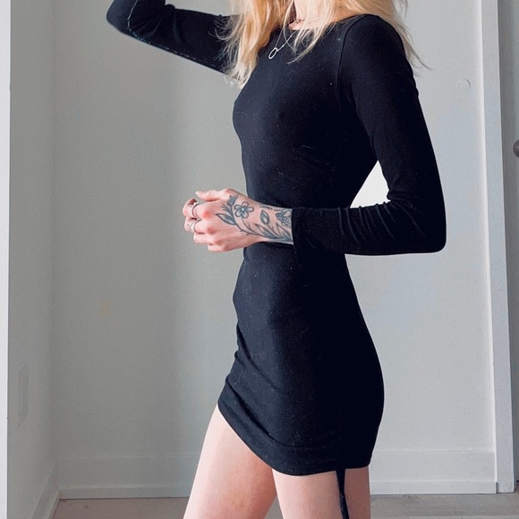 Steve Madden Mini Bodycon Small Black Cinch-Tie Long-sleeved Dress - Picture 5 of 11